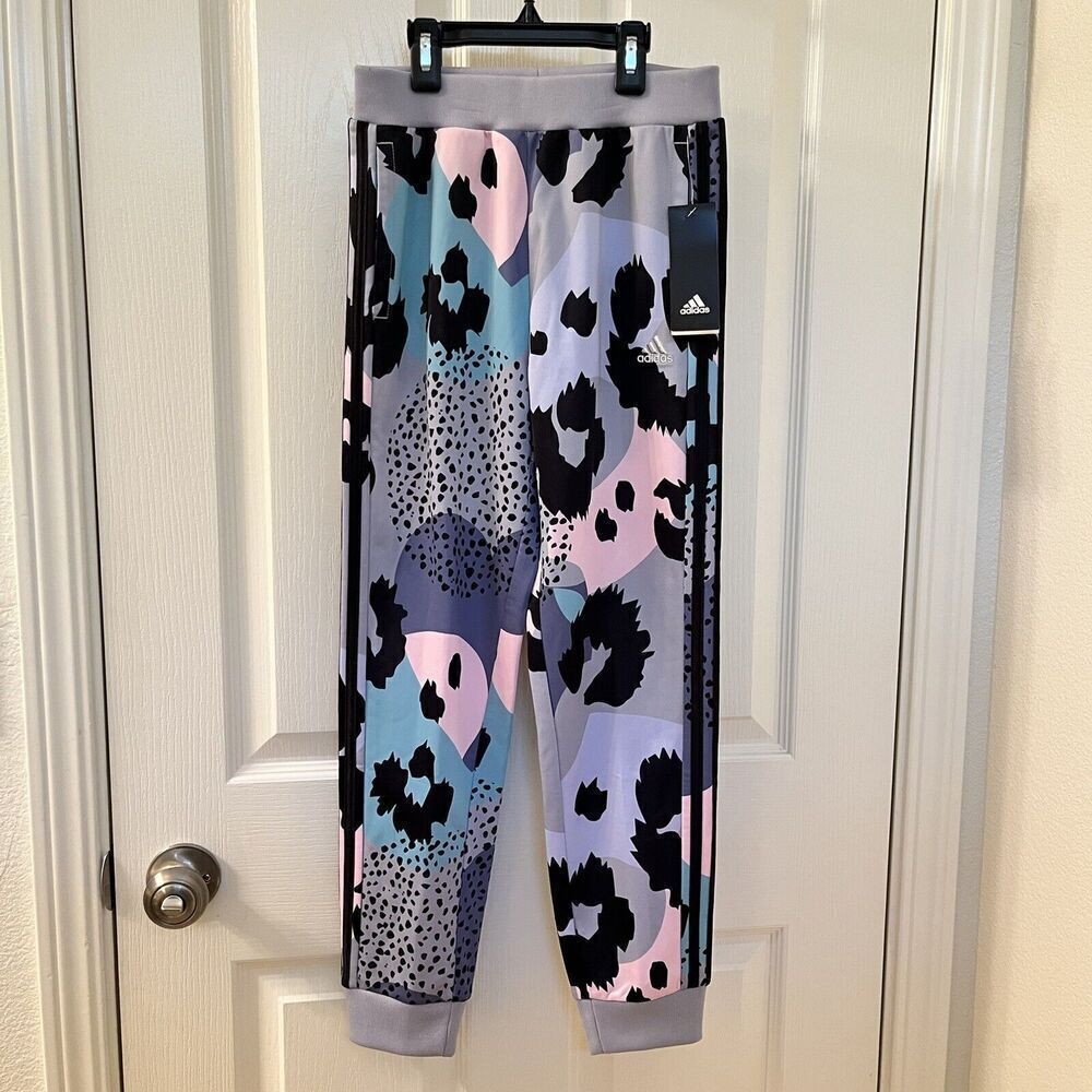 Adidas All Over Print Tricot Jogger Pants Halo Silver Girl's Size M 10-12 NWT